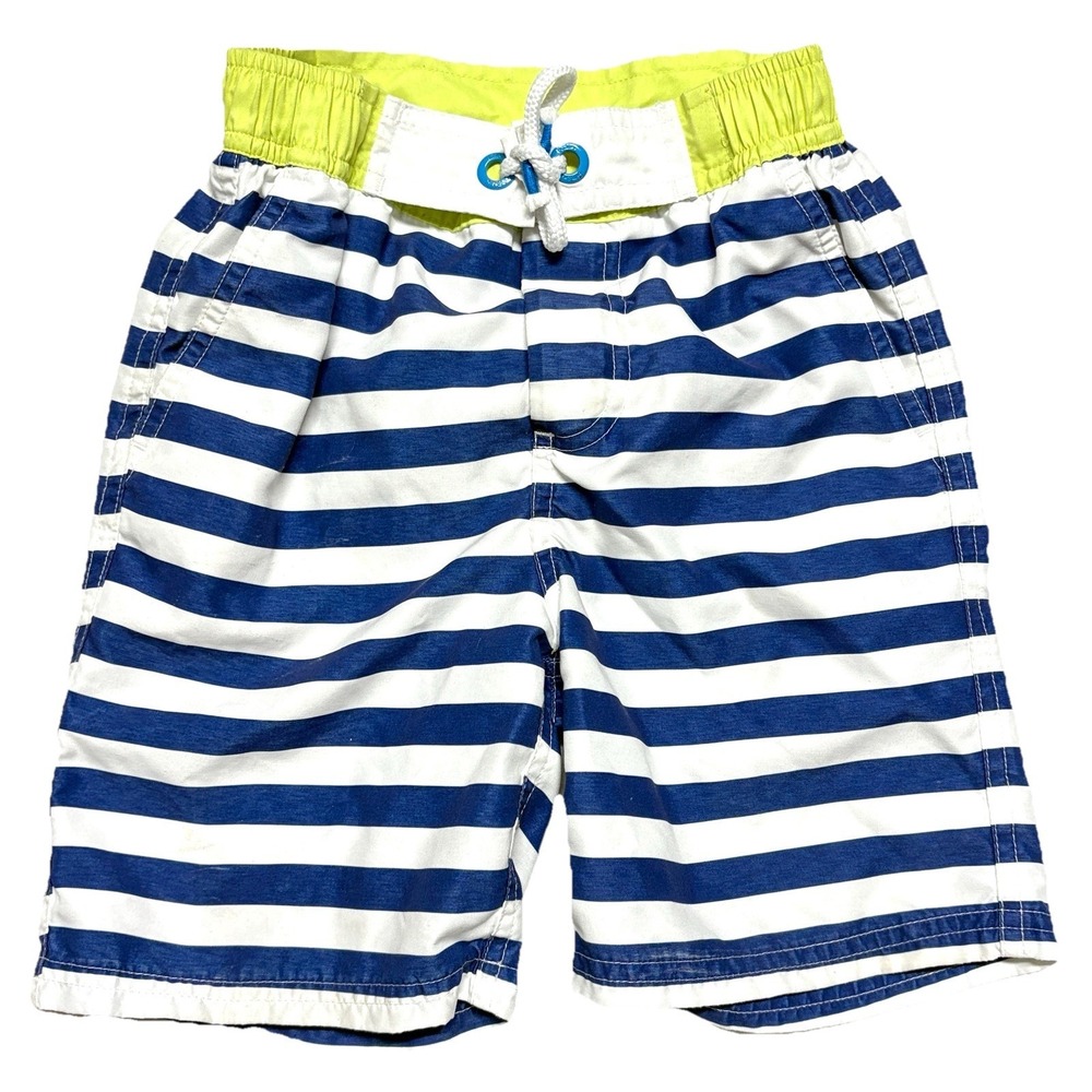 Mini Boden Boys Swim Trunks Swimsuit Classic Navy White Stripe Shorts Size 5-6Y